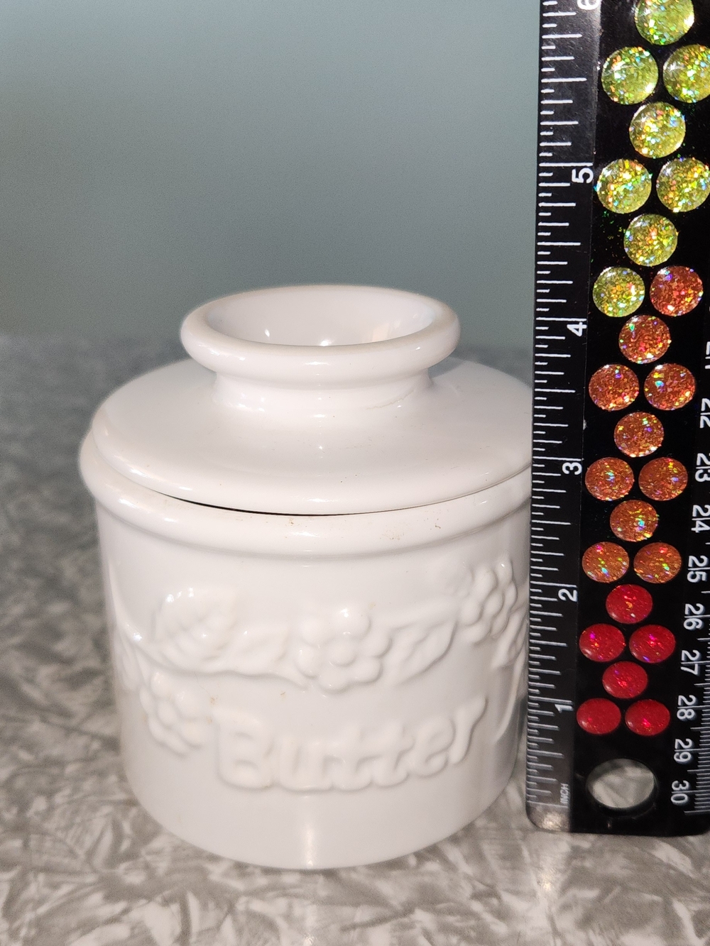 White Ceramic Butter Crock with Lid - Embossed Floral Design - Picture 2 of 7